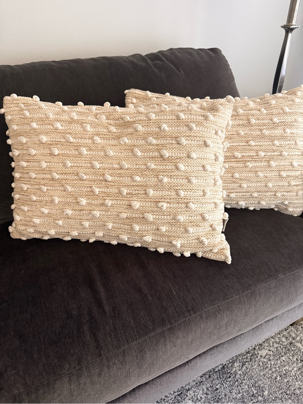 Cream Textured Pom-Pom Lumbar Pillow Set